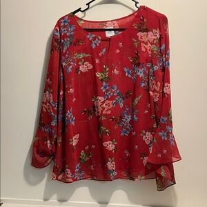 CAbi Red Floral Blouse with Blue Accents